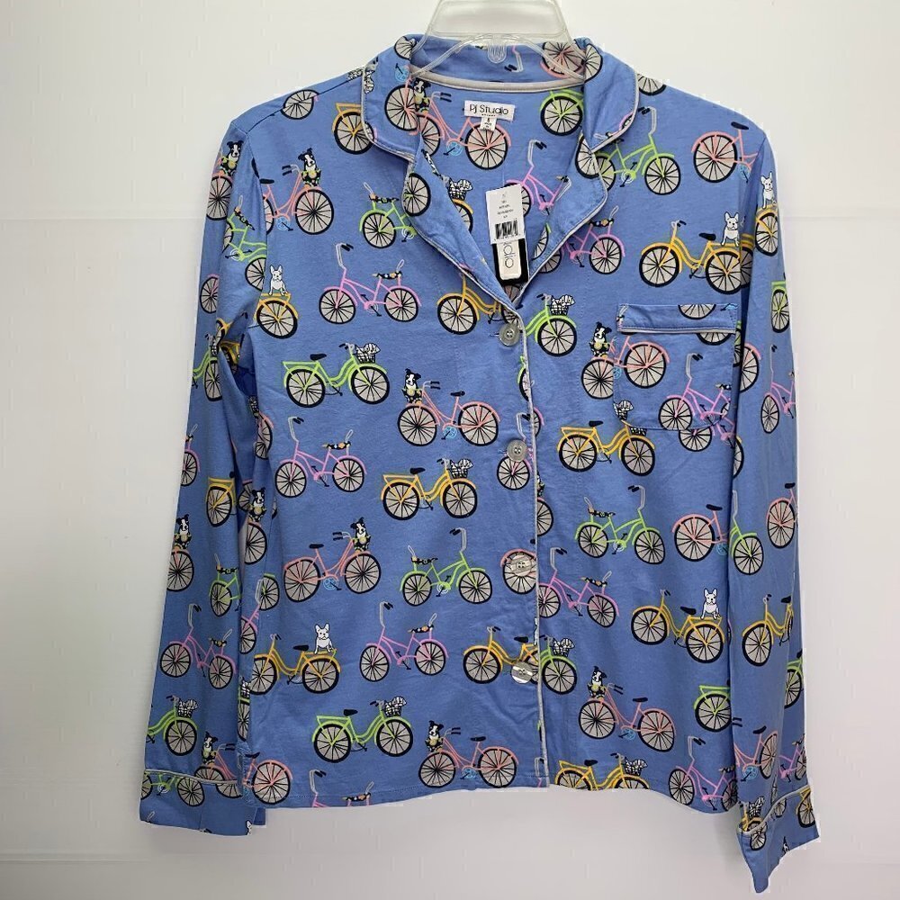 PJ Studio Pajama Top Size Small NWT Dogs & Bicycles Blue Sleep Top